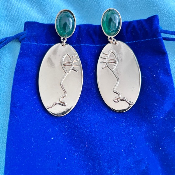Mango Jewelry - Mango  Abstract Face Drop Earrings with Green Cabochons